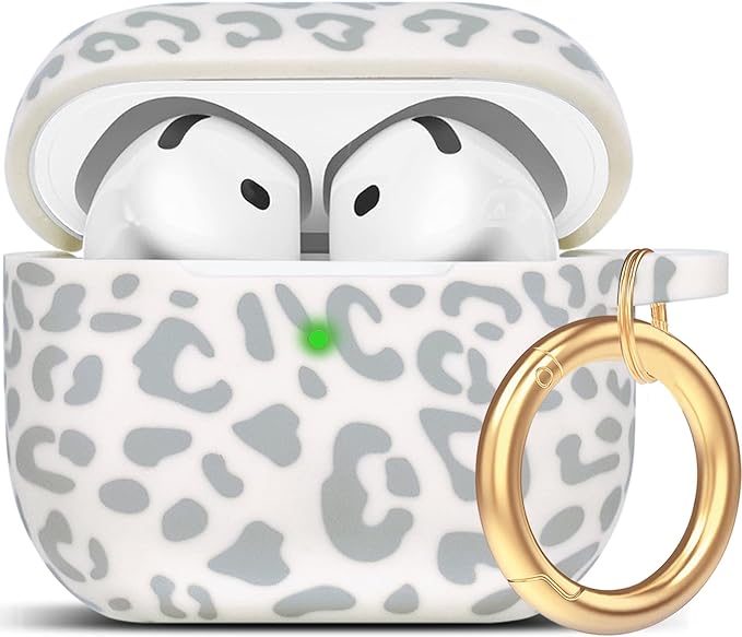 Silicone Leopard AirPods 4 Case 2024, Gawnock Case Cover for Apple Airpods 4th Generation Print Soft Flexible Cover for Air Pod 4th Women Girls, Skin with Keychain - Leopard Beige