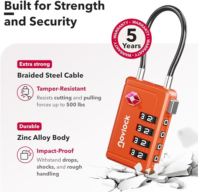 TSA Approved Luggage Locks | Inspection Indicator, 4-Digit Combination, Durable Zinc Alloy | for Suitcases, Backpacks, Travel Bags | Orange, 6-Pack
