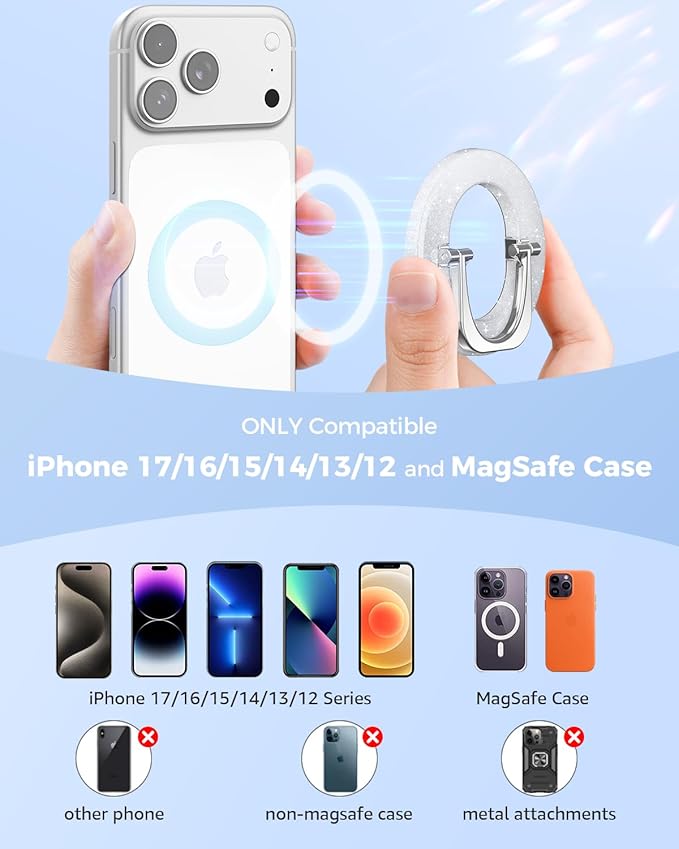SUPERONE for Magsafe Ring Holder, Magnetic Phone Grip with Adjustable Stand, Removable Magnetic Accessories, iPhone 12/13/14/15/16/17 Series & Magsafe Case - Glitter Silver