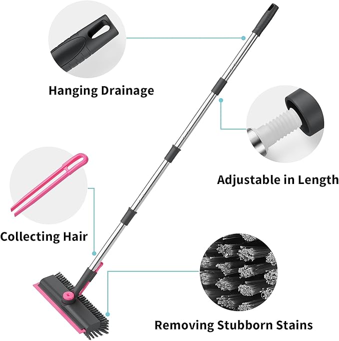 AIR U+ Floor Scrub Brush with Long Handle, 3 in 1 Scrape and Heavy-Duty Stiff Bristle Scrubber Brush for Cleaning Shower Bathroom, Patio, Garage, Kitchen, Wall and Deck, Gray and Pink