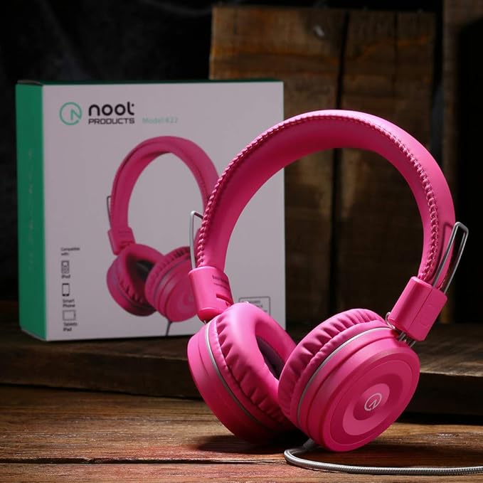 noot products Kids Headphones K22 Foldable Stereo Tangle-Free 5ft Long Cord 3.5mm Jack Plugin Wired On-Ear Headset for iPad/Amazon Kindle Fire/Girls/School/Laptop/Travel/Plane/Tablet FlamingoPink