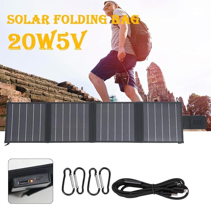 20W Portable Solar Charger Foldable Solar Panel with Type C and USB A for Camping Backpacking Travel Fast Charging IP65 for iPhone,iPad,Power Bank,Camera,Power Station