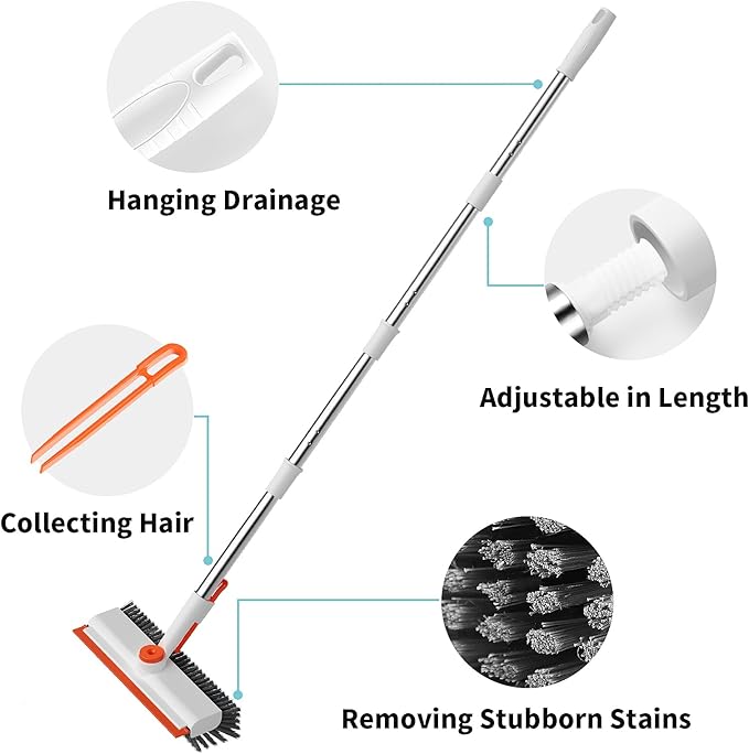 AIR U+ Floor Scrub Brush with Long Handle, 3 in 1 Scrape and Heavy-Duty Stiff Bristle Scrubber Brush for Cleaning Shower Bathroom, Patio, Garage, Kitchen, Wall and Deck, White and Orange