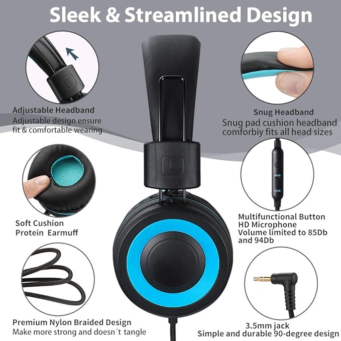 M3 Kids Headphones with Microphone Lightweight Foldable Adjustable Stereo Bass On-Ear Headphones with 1.3 M Tangle-Free Cord for smartphons Tablets MP3/4 with 3.5mm Jack Device(Black)