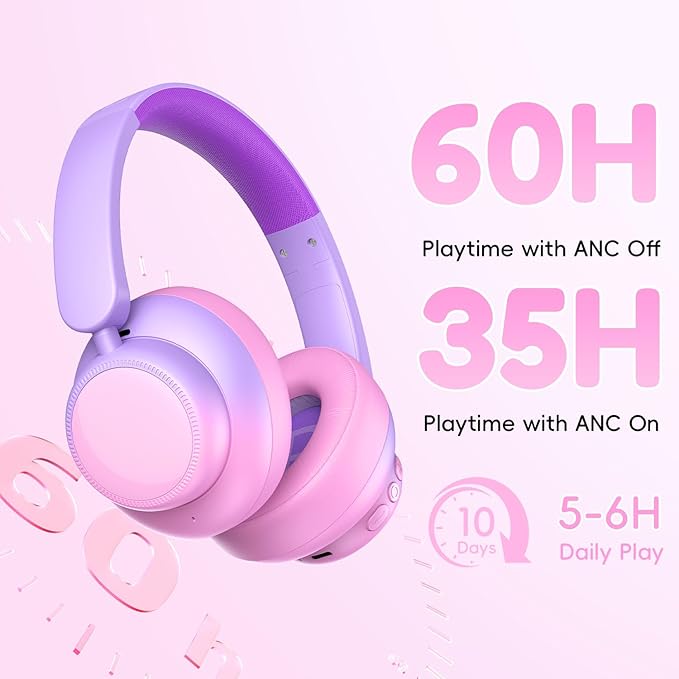 Active Kids Noise Cancelling Headphones, 60H Play Time Kids Bluetooth Headphones, Volume Limited, Bluetooth 6.0, USB C Charging, Headphones for iPad Tablet Airplane,Gradient Pink