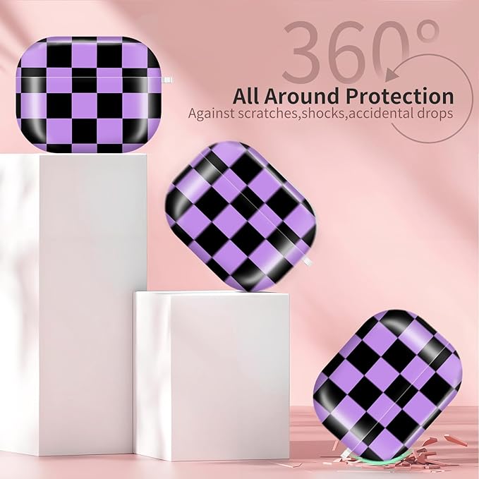 Compatible with AirPods Pro 3rd Generation 2025 Case Cover with Gold Keychain - Cute Protective Hard AirPod Pro 3 Cases for Women - Purple Black checkboard