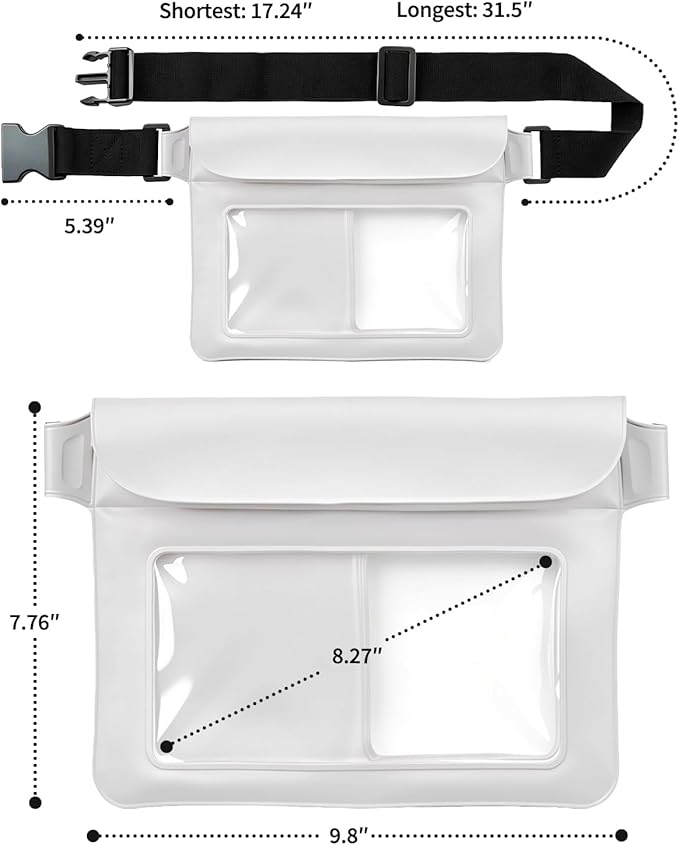 Waterproof Dry Bag Set 2 Pcs: White 9.8" Clear Fanny Pack with Black Waterproof Phone Case -7" Phone Pouch, IPX8 Floating Water Proof Belt Bag with Adjustable Strap for Cruise Beach Swim Essentials
