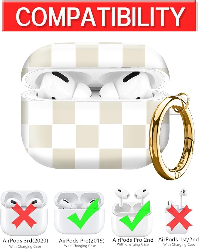 Compatible with AirPod Pro Case 2nd/1st Gen (2023/2022/2019),Shockproof Protective Cover with Keychain for Women,Cute Charging Case for Airpod Pro 2/1(Checkered Beige White)