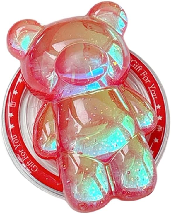Cute Kawaii 3D Bear Phone Grip Stand, Iridescent Holographic Resin Cell Phone Holder & Kickstand, Compatible with iPhone, Samsung Galaxy, Android (Cherry Red)