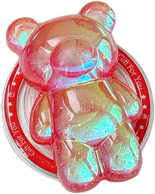 Cute Kawaii 3D Bear Phone Grip Stand, Iridescent Holographic Resin Cell Phone Holder & Kickstand, Compatible with iPhone, Samsung Galaxy, Android (Cherry Red)