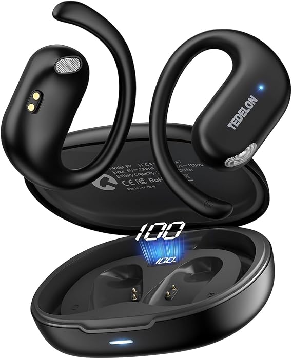 Open Ear Earbuds, 50H Open Ear Headphones Bluetooth 5.4, IPX6 Open Ear buds Wireless with Adjustable Ear hook, Hi-res Stereo, AI Clear Call, Lightweight, Wireless Over Earbud for Workout, Gym, Running