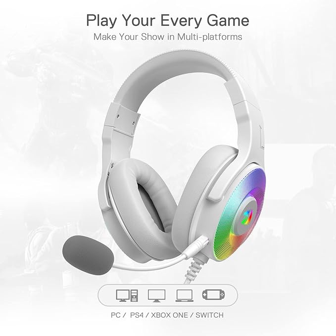 Redragon H350 White Wired Gaming Headset, Dynamic RGB Backlight - Stereo Surround-Sound - 50MM Drivers - Detachable Microphone, Over-Ear Headphones Works for PC/PS4/XBOX One/NS