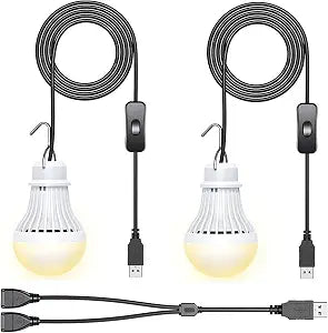 2 Pack USB LED Camping Lantern, 8.2 ft Extra Length Cord Tent Light with USB Y-Cable, Portable LED Bulb for Garage, Warehouse, Car, Truck, Fishing Boat, Room, Emergency Light, Warm