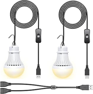 2 Pack USB LED Camping Lantern, 8.2 ft Extra Length Cord Tent Light with USB Y-Cable, Portable LED Bulb for Garage, Warehouse, Car, Truck, Fishing Boat, Room, Emergency Light, Warm