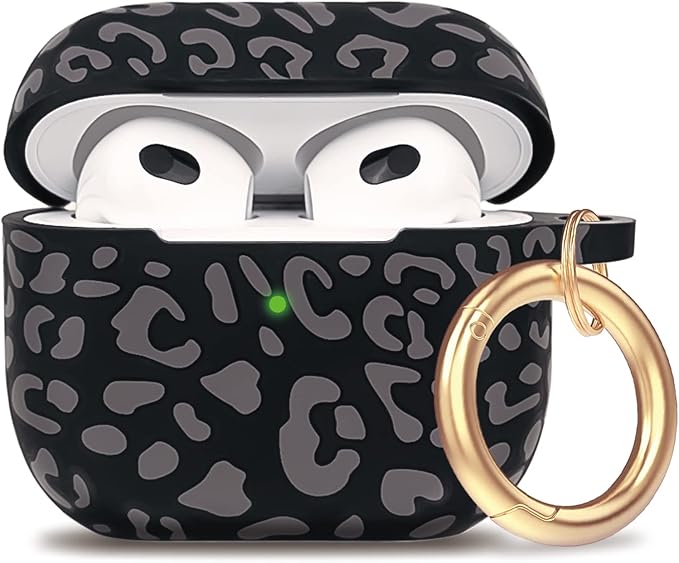 Leopard Silicone Compatible with AirPods 3 Case 2021, Gawnock Soft Case Flexible Compatible with AirPods 3rd Generation Print Cover for Women Girls with Keychain (Grey Leopard)