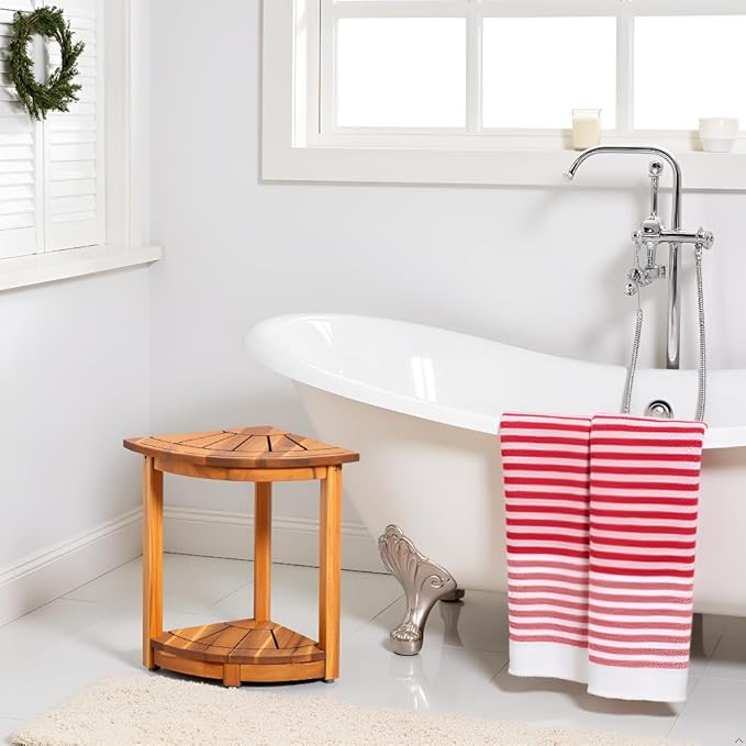 Acacia Corner Shower Stool, Waterproof Spa Foot Rest & Bath Bench with Storage Shelf & Soap Dish, Ideal for Bathroom, Shaving Legs, or as Small Corner Table/Step Stool (Natural)