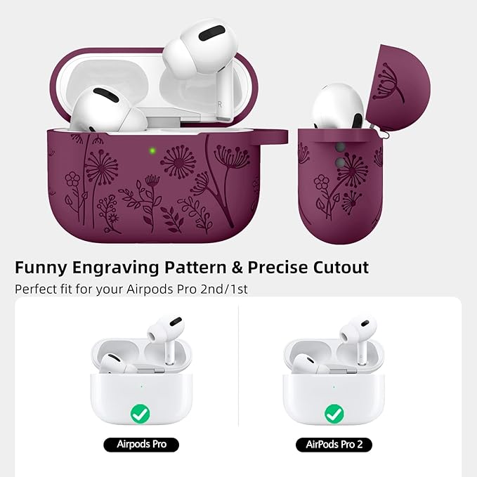 Lerobo Purplish Red Silicone Case for AirPods Pro 2/1 2023/22/19, Floral Engraved Protective Cover with Keychain, Portable Electronic Device Cover