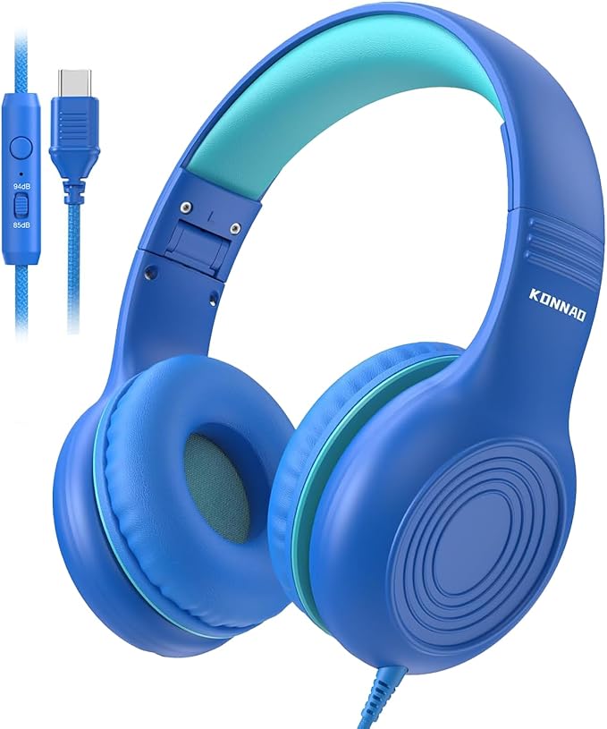 Upgrade USB Type C Kids Headphones, Wired Headphones for Kids with Microphone for Boys Girls, Adjustable 85dB/94dB Volume Limited (Navy/Blue)