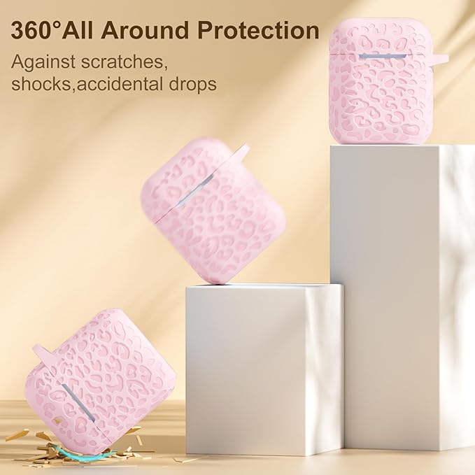 for Airpods Case 2nd&1st Cover,Soft Silicone Leopard Compatible with Apple AirPods 2nd/1st Generation Charging with Keychain,Shockproof for AirPod Case,Front LED Visible,Lightpink