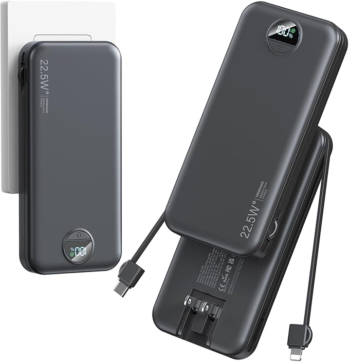 12000mAh Ultra-Portable-Charger-Power-Bank with Built in Cables&AC Wall Plug,PD20W USB-C Fast Charging Cell Phone Charger Battery Pack,LED Display Travel Battery Bank for All iPhone,Samsung,Android