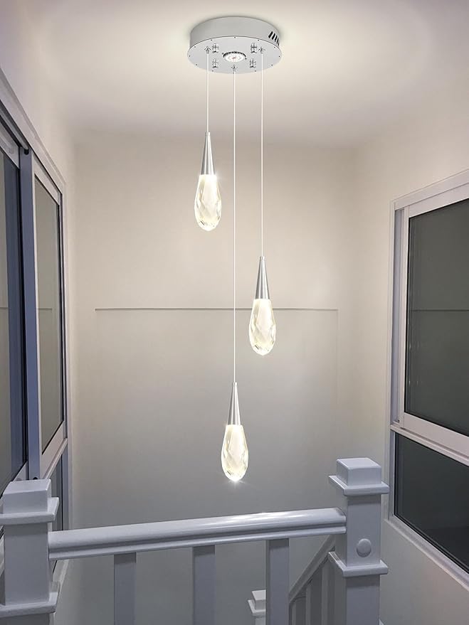 3-Lights Crystal Pendant Light Kitchen Islan Silver Hanging Chandelier Teardrop Crystal Pendant Light Fixture for Dining Room, Living Room,Kitchen lsland, Foyer