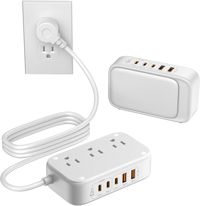 Portable USB Power Strip with 65W PD Fast Charging, 7-in-1 Flat Plug 3 USB-C 2 USB-A Ports 2500W AC Outlets, 175W Total Extension Cord for Home/Office/College/Travel (White)