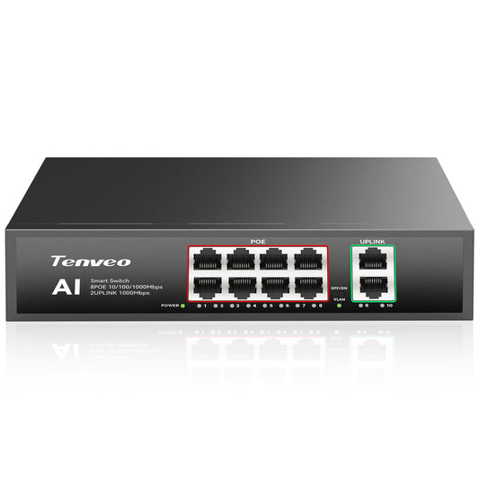 Tenveo 8 Port Full Gigabit PoE Switch, 8 PoE+ Ports @120W, 2*Uplink Port, Plug & Play, Support VLAN, Metal Case, High Stability, Easy Smart Managed Ethernet Switch, Ideal for Various Live Streaming