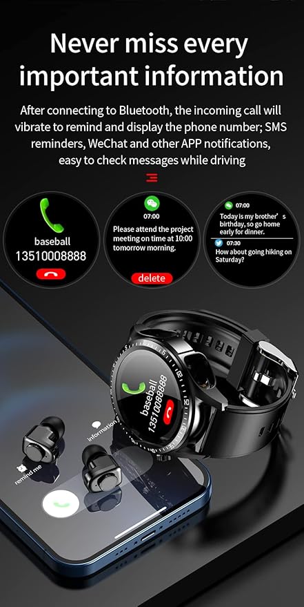2-in-1 Smart Watch with Bluetooth Earbuds Wireless Smartwatch Fitness Tracker Heart Rate Monitor IP67 Waterproof