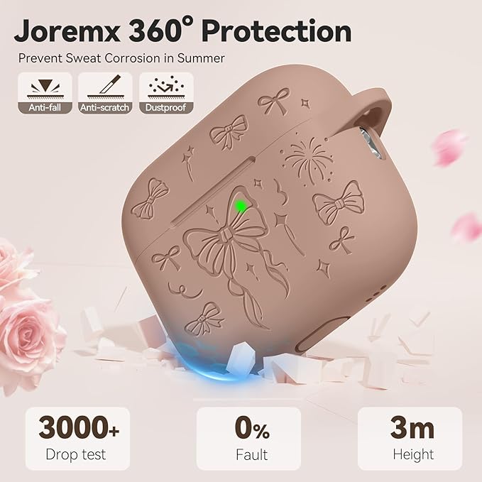 for Airpods Pro 3 Case Cover, Joremx Cute Bow Engraved Silicone Protective Case Cover with Keychain, Cleaner Kit for Airpods Pro 3rd Generation (2025) (Light Brown)
