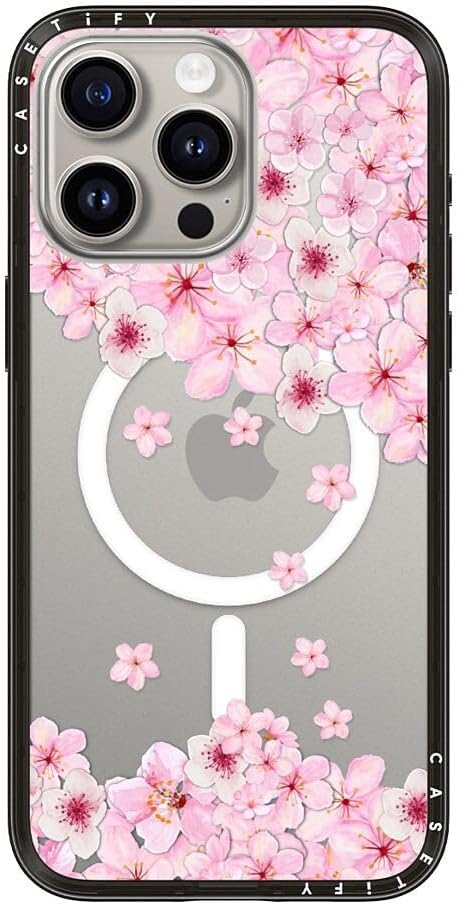 CASETiFY Compact iPhone 15 Pro Max Case [Slim and Sleek/Compatible with Magsafe / 4 ft. 2X Military Grade Drop Protection] - Sakura Cherry Saturday - Clear Black