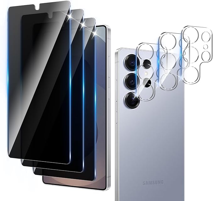 3+3 Pack Privacy Screen Protector Designed for Samsung Galaxy S25 Ultra With 3 Pack Camera Lens Protector,Full Coverage Anti-Spy Tempered Glass Film,9H Hardness,Bubble Free,Easy to Install