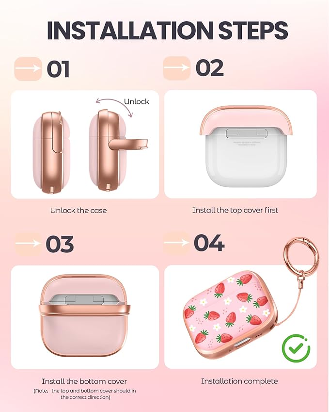 Coralogo for AirPods Pro2/Pro Case with Safety Lock - Cute Cartoon for AirPods Pro1/2 Generation for Women Girls Fashion Stylish Strawberry Pattern Design Kawaii Girly Girlish Hard Protective Cover