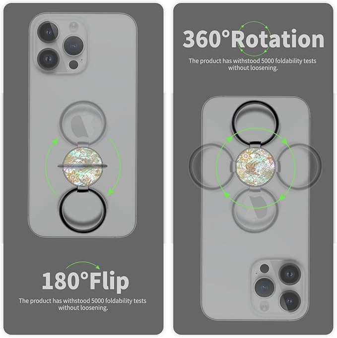 Carveit Natural Shells Cell Phone Ring Holder Metal Phone Kickstand Grip for iPhone 16 Pro Max/15/14 & Galaxy S23/S24/S25 Ultra & Pixel 8/9 -Black-Floral Wallpaper