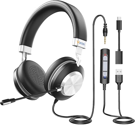 Wantek USB Headset with Microphone for PC, On-Ear Computer Laptop Headphones with Noise Cancelling Mic, Mute, Volume Control for Work, Teams, Zoom, Online Meetings, Home Office (USB+USB-C+3.5mm)