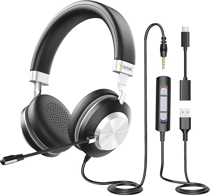 Wantek USB Headset with Microphone for PC, On-Ear Computer Laptop Headphones with Noise Cancelling Mic, Mute, Volume Control for Work, Teams, Zoom, Online Meetings, Home Office (USB+USB-C+3.5mm)