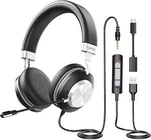 Wantek USB Headset with Microphone for PC, On-Ear Computer Laptop Headphones with Noise Cancelling Mic, Mute, Volume Control for Work, Teams, Zoom, Online Meetings, Home Office (USB+USB-C+3.5mm)