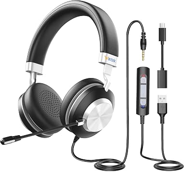 Wantek USB Headset with Microphone for PC, On-Ear Computer Laptop Headphones with Noise Cancelling Mic, Mute, Volume Control for Work, Teams, Zoom, Online Meetings, Home Office (USB+USB-C+3.5mm)