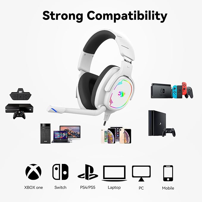 Gaming Headset for PC/PS4/PS5/Xbox One/Switch, Stereo Surround Sound Gaming Headphones with Noise Canceling Flexible Mic, Computer Headset with 3.5mm Jack & RGB Light(White)