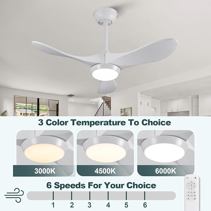 36 Inch Solid Wood Ceiling Fans with Lights and Remote Control,6 Speeds,3 Color LED Light,Reversible DC Motor,Indoor Outdoor Modern White Ceiling Fan with Light for Bedroom,Farmhouse,Patios