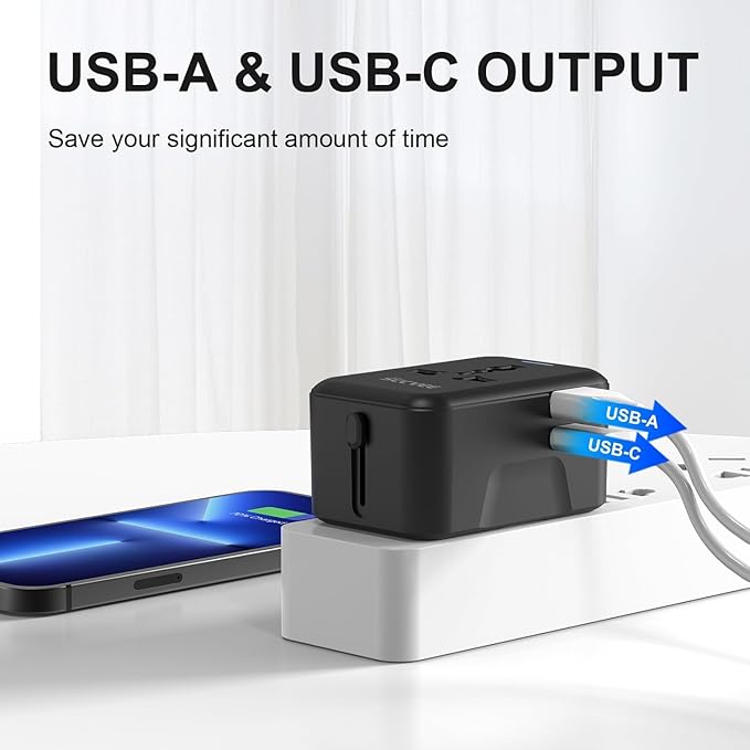 Universal Travel Adapter with USB C, International Power Plug Adapter All in One Worldwide Travel Adapter Power Converters Wall Charger AC Power Plug Adapter USB Type C Charger for USA EU UK AUS