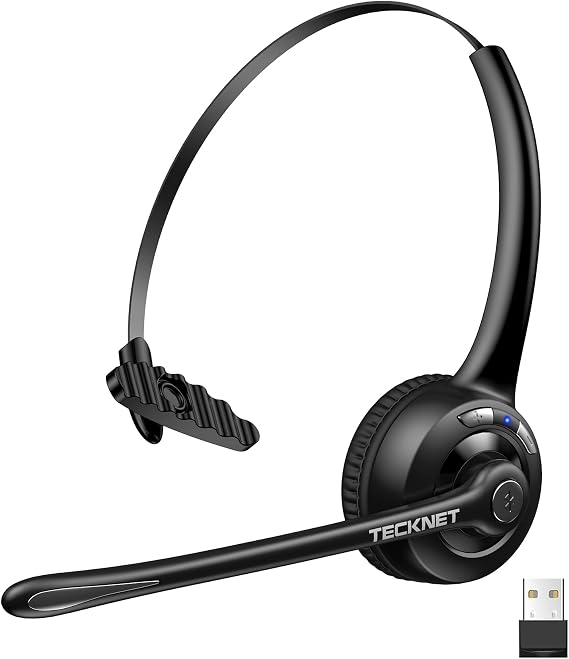 TECKNET Wireless Headset (USB Dongle), Bluetooth Headphones with Noise Cancelling Microphone for Trucker, Bluetooth V5.2 with Mute Button & Hands-Free Calling for Work