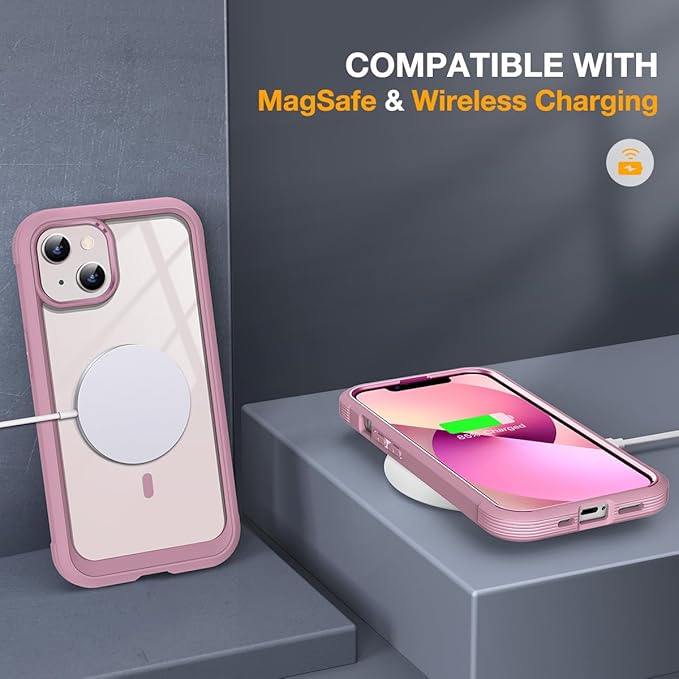 Miracase Compatible with iPhone 13 case 6.1 inch, 2021 Upgrade Full-Body Glass Clear Case Bumper Case with Built-in 9H Tempered Glass Screen Protector for iPhone 13,Pink