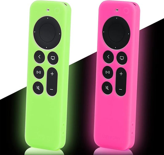LEFXMOPHY Silicone Case for Apple TV Remote Cover 4K Siri Control 2nd Gen 2021 2022 2023 2024 3rd Generation, 2-Pack Green and Hot Pink Sleeve Glow in Dark with Lanyard