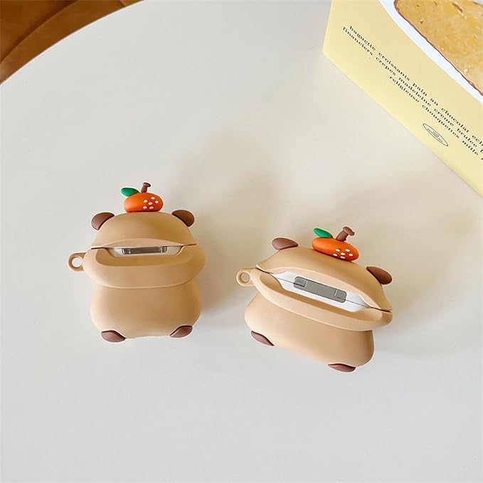 Case Compatible with Airpods Pro/Pro2, 3D Cute Kawaii Orange Capybara Design Keychain Case Cover, Portable Earbuds Accessories Soft Silicone Shockproof Wireless Earphone Protector with Hook