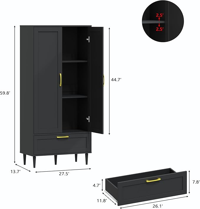 60" Tall Wooden Storage Cabinet with Adjustable Shelves, Large Capacity Freestanding Pantry Cabinet for Living Room, Kitchen, and Dining Room,Black