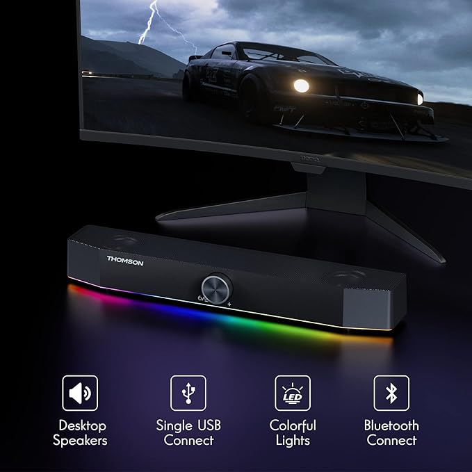 THOMSON Computer Speakers, Bluetooth Computer SoundBar, Dynamic RGB PC Speakers with 10W Stereo Sound, 3.5mm Aux-in Connection, USB Powered Computer Speakers for PC, Desktop Monitor, Laptop, Tablets