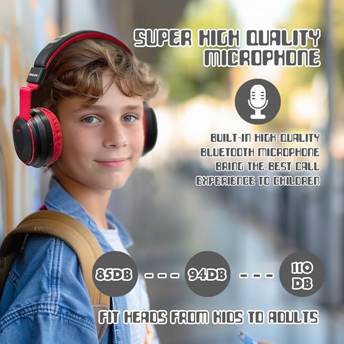 Kids Headphones Bluetooth 5.3 Wireless 60H Play Time Volume Limited 85/110dB Over Ear Foldable Headset with Cable Aux Mic for iPad Notebook Boy Girl Travel School Tablet Black