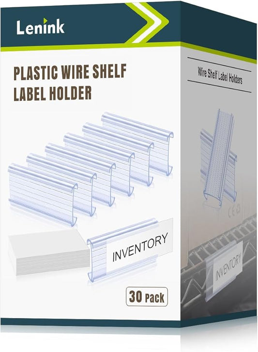 Lenink 30Pcs Wire Shelf Label Holders,Plastic Wire Rack Label Holder,Compatible with Metro 1-1/4in Shelves,Label Area 3in Lx1.25in H (Label Paper Insert Included)