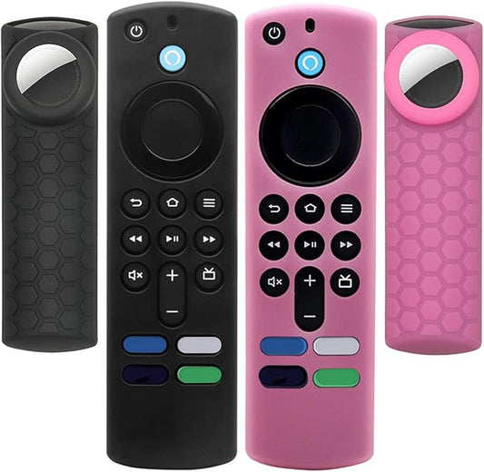 [2 Pack] Compatible for Tile Sticker and TV Stick 4K Max Remote Case Cover,Glow in Dark，for Alexa Voice Remote 3rd Gen Case with Holder for AirTag for Tile Sticker, Black and Glow Pink
