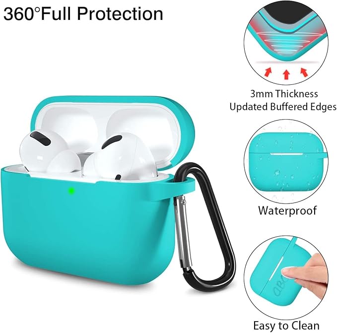 Lerobo Compatible with AirPods Pro 2 Case,Soft Washable Silicone Protective Cover for Airpods Pro Supports Wireless Charging with Carabiner Front LED Visible,Teal